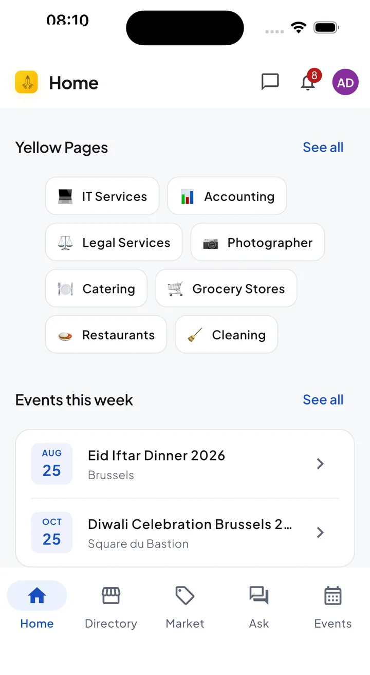 The Namaste Community home screen: Directory categories and this week's events